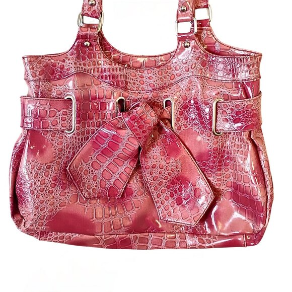 Y2K Womens Patent Leather Tote Handbag Croc Embossed Double Handle Barbiecore - Picture 2 of 4